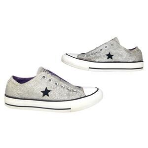 Converse All Star Womens 5.5 Silver Sparkle Glitter No Lace Slip On Shoes